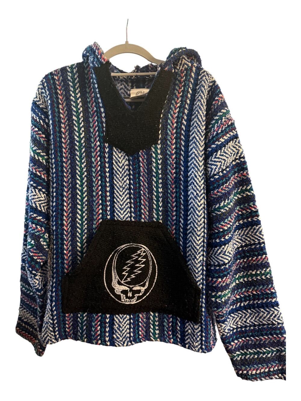 Grateful Dead Steal Your Face Baja Drug Rug Hoodie 2015 Blue Stripe Large